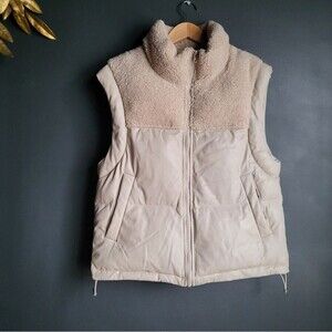 Everest Taupe Mock Neck Sherpa Faux Leather Polyester Filled Puffer Vest Sz S
